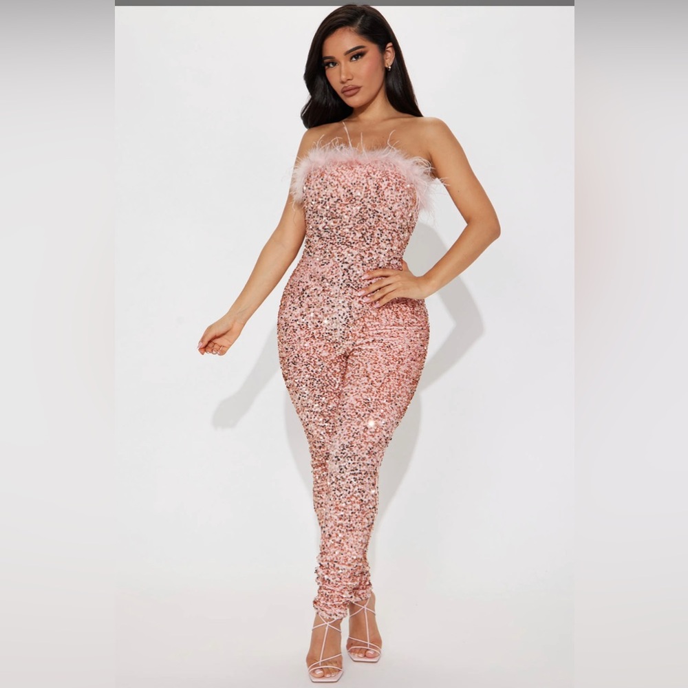 Fashion Nova Sequin Blush Jumpsuit- Women